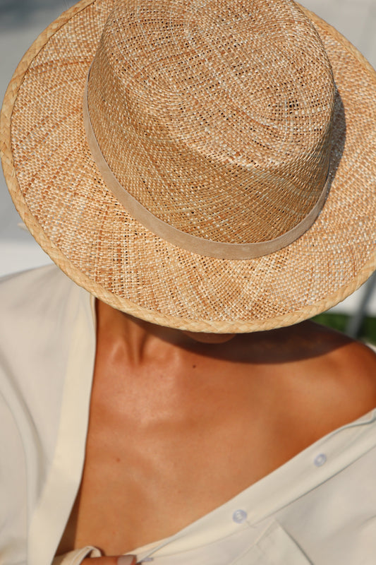 Close-up of a straw hat with a blurred background