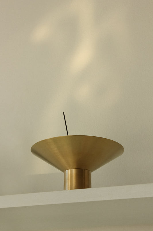 Modern brass incense burner for stick Japanese incense, by Simone Ferkul, Toronto designer.